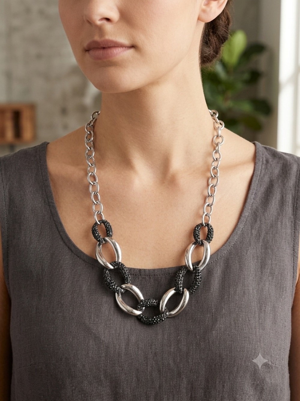 Alfani Silver and Black Beaded Link Necklace - Women Jewelry